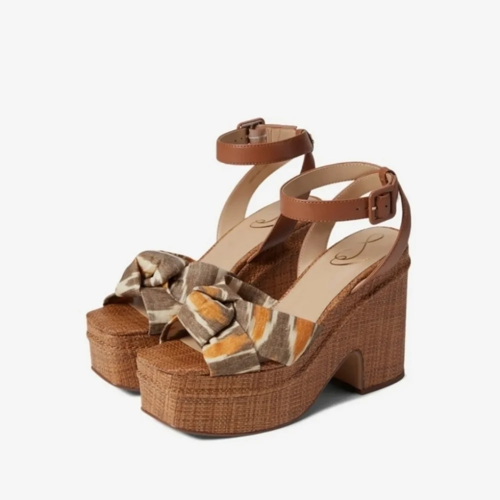 Sam Edelman Theresa Leather Platform Sandal Heels Grey Multi